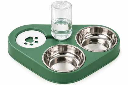 Stainless Steel Double Dog Bowl and Water Dispenser Green