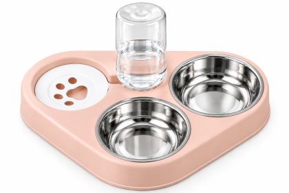 Stainless Steel Double Dog Bowl and Water Dispenser - Pink