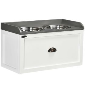 Raised Pet Feeder with Storage Drawer and Two Steel Bowls