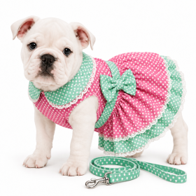 Polka Dot and Lace Harness Dress with Matching Leash for Small and Medium Dogs (Product Size: XS)