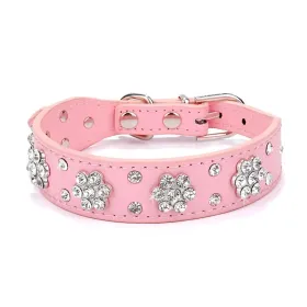 Leather Rhinestone Collar - Pink (Product Size: XS, Colors: Pink)