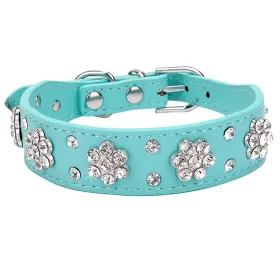 Leather Rhinestone Collar - Blue (Product Size: XS)