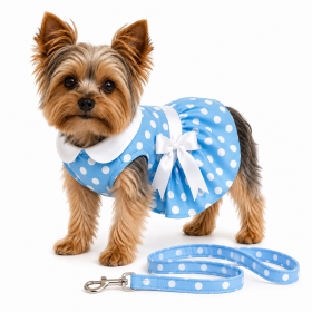 Blue Polka Dot Harness Dress with Matching Leash for Small and Medium Dogs (Product Size: XS)