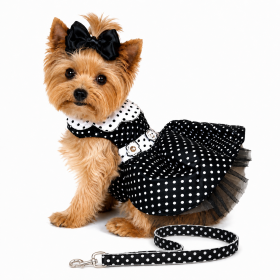 Black and White Polka Dot Harness Dress with Matching Leash for Small and Medium Dogs (Product Size: XS)