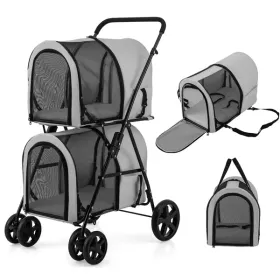 4-in-1 Double Pet Stroller with Detachable Carrier and Travel Carriage (Color: Gray)