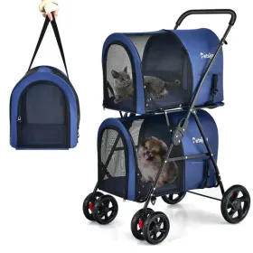 4-in-1 Double Pet Stroller with Detachable Carrier and Travel Carriage (Color: Blue)