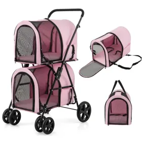 4-in-1 Double Pet Stroller with Detachable Carrier and Travel Carriage (Color: Pink)