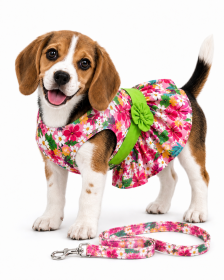 Pink Hawaiian Floral Harness Dress with Matching Leash for Small and Medium Dogs (Product Size: XS)