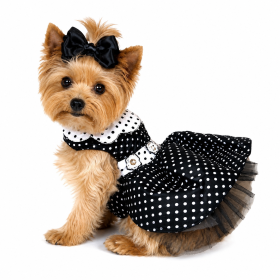Black and White Polka Dot Dog Dress with Matching Leash (Product Size: XS)