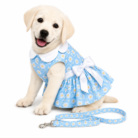 Blue Daisy Harness Dress with Matching Leash for Small and Medium Dogs (Product Size: XS)