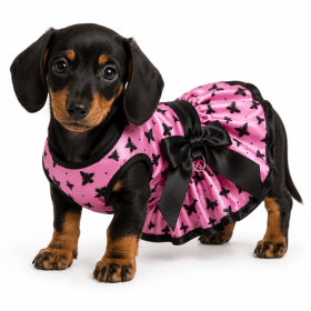 All Aflutter Pink and Black Dog Dress with Matching Leash (Product Size: XS)