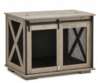 Farmhouse Style Furniture Dog Crate with Sliding Barn Door (Material: MDF+Metal, Color: Gray Wash)