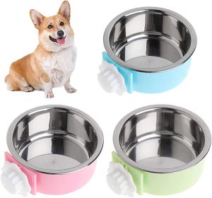 Crate Dog Bowl; Removable Stainless Steel Hanging Pet Cage Bowl Food & Water (size: Pink)